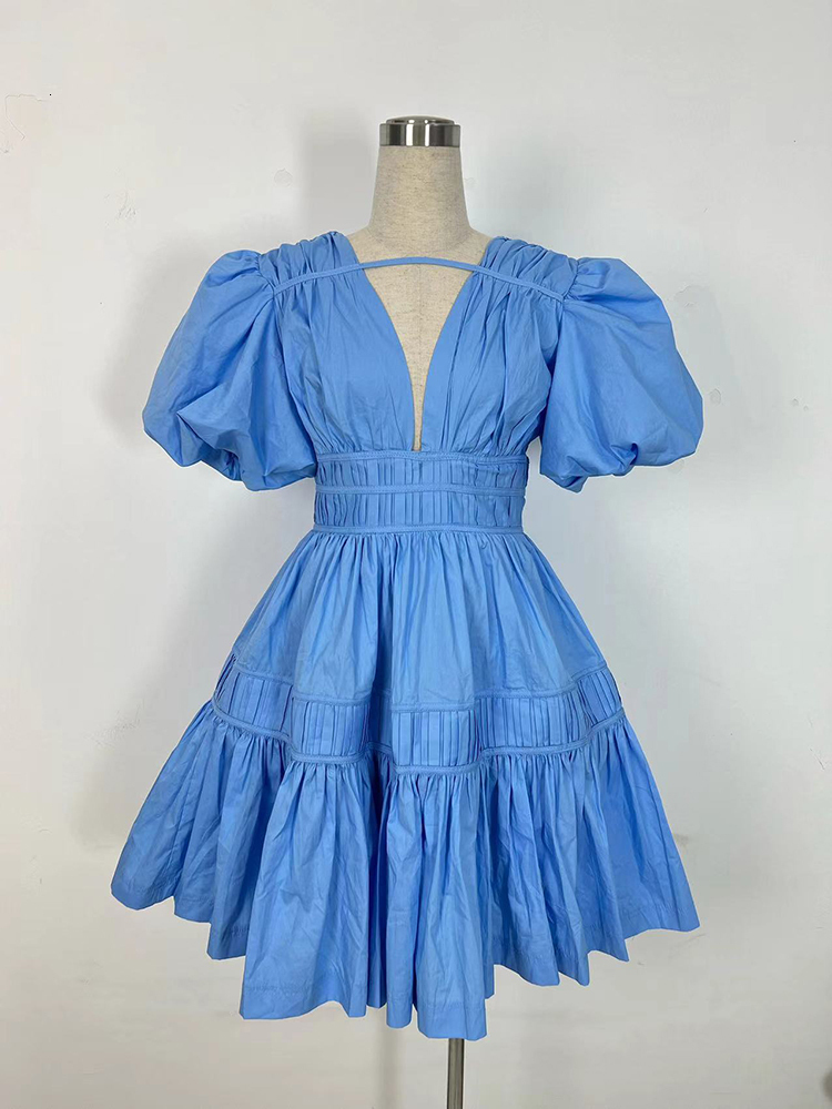 Patchwork Folds Dresses For Women V Neck Puff Sleeve High Waist Solid Chic A E Mini Dress Female Fashion Clothes