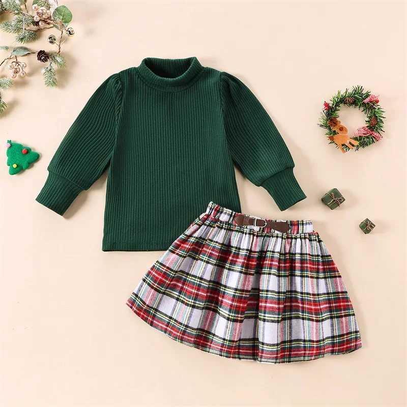 Pudcoco little girl Christmas set solid ribbed plain neck long sleeved top plain elastic waist A-Line ski 2-piece set 1-5T W241213