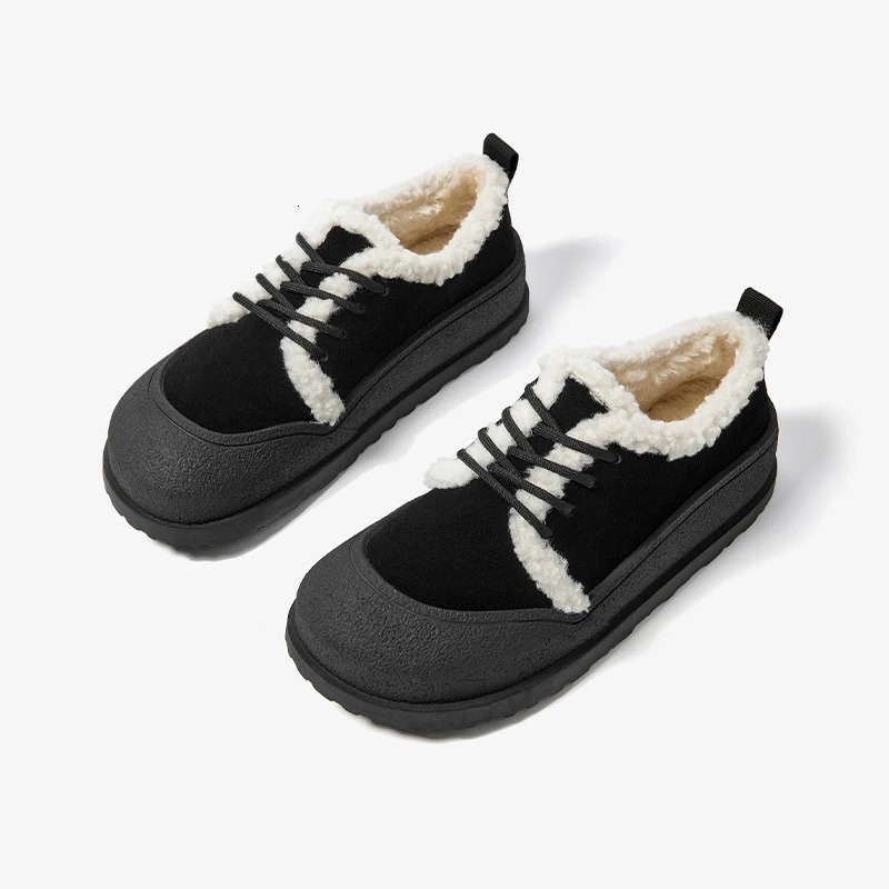 Beautoday Winter Apartment Womens Cow Fleece Patch Work Round Toe Warm Short Plush Cross Tie Decoration Womens Flat Shoes Handmade 22810 241213