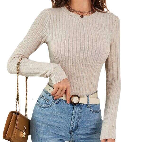 European and American women's clothing 2023 autumn new item solid color pit stripe round neck long sleeved knitted base top for women