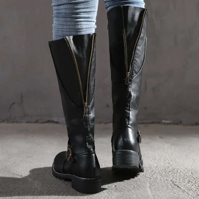 Womens knee high boots fashionable low boots square platform long boots brown black leather zipper winter womens warm shoes and boots 69 meters 241213