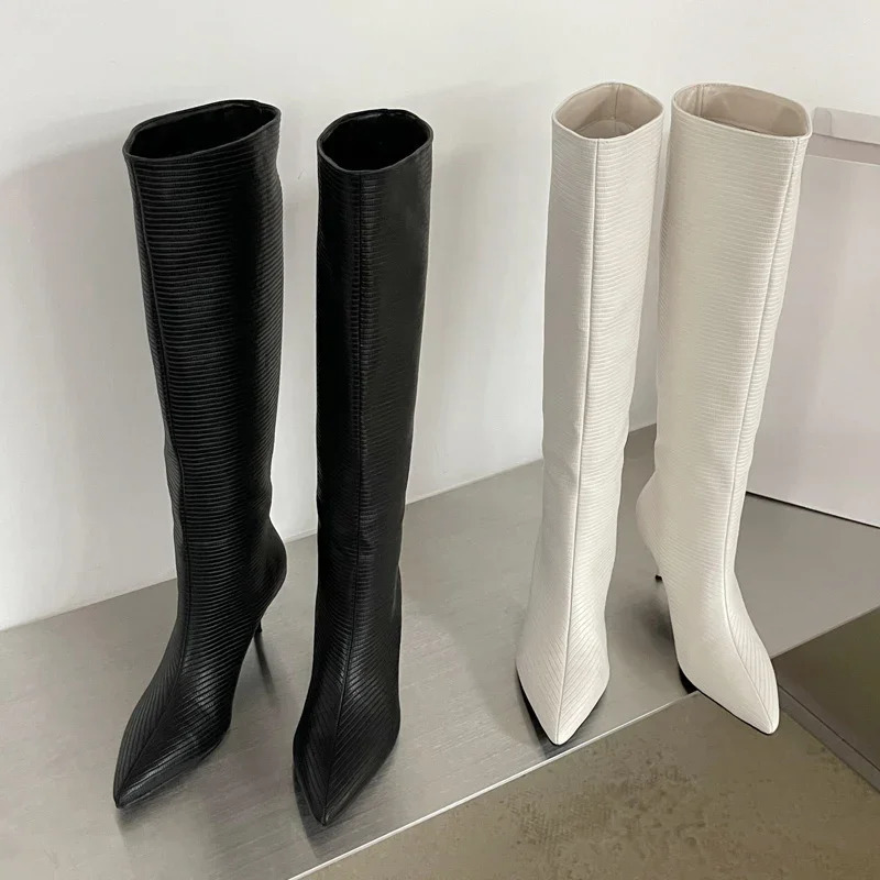 Equal Sexy Gingham Pointed Toe Women Knee-High Boots High Quality Party Dress Modern Long Booties Thin Low Heels Shoes 241213