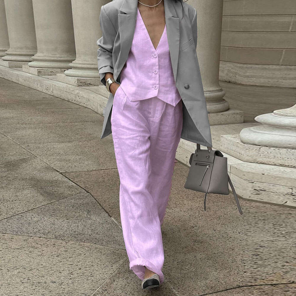 Women's Summer New Cotton And En Sleeveless Vest Casual Fashion Straight Leg Pants Two-Piece Set