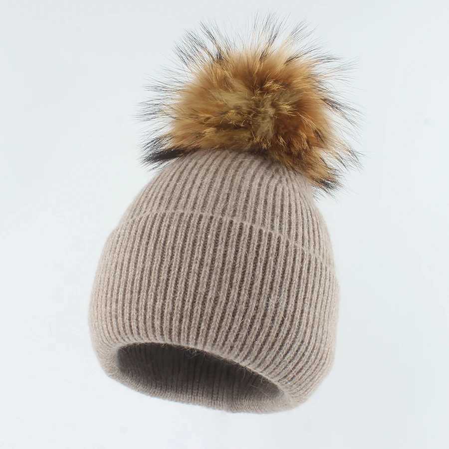 New Angora Rabbit Fur Knitted Beanie Hat Women Winter Real Raccoon Fur Pom Hats Warm Soild Color Ear Protection Warm CapXJ241213
