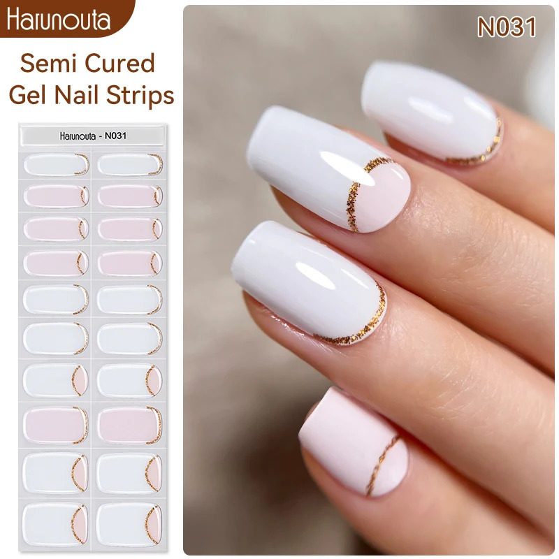 20 Tips Pearl light gradient semi curing gel nail packaging sticker French full set of nail glue polishing decal process UV lamp needs 241205