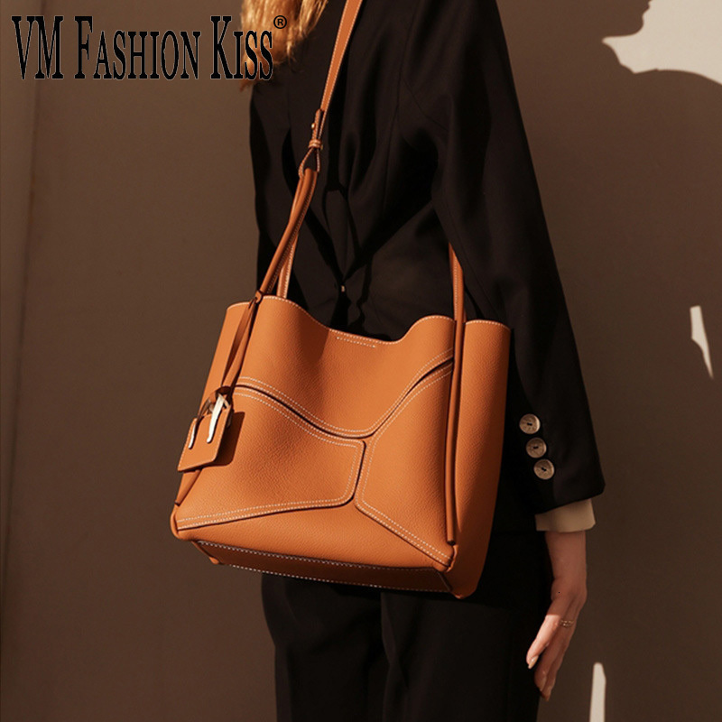 VM FASHION KISS Top Layer Cowhide Women's Solid Vegetable Basket Shoulder Bag 2022 Women Tote Handbags With Strap