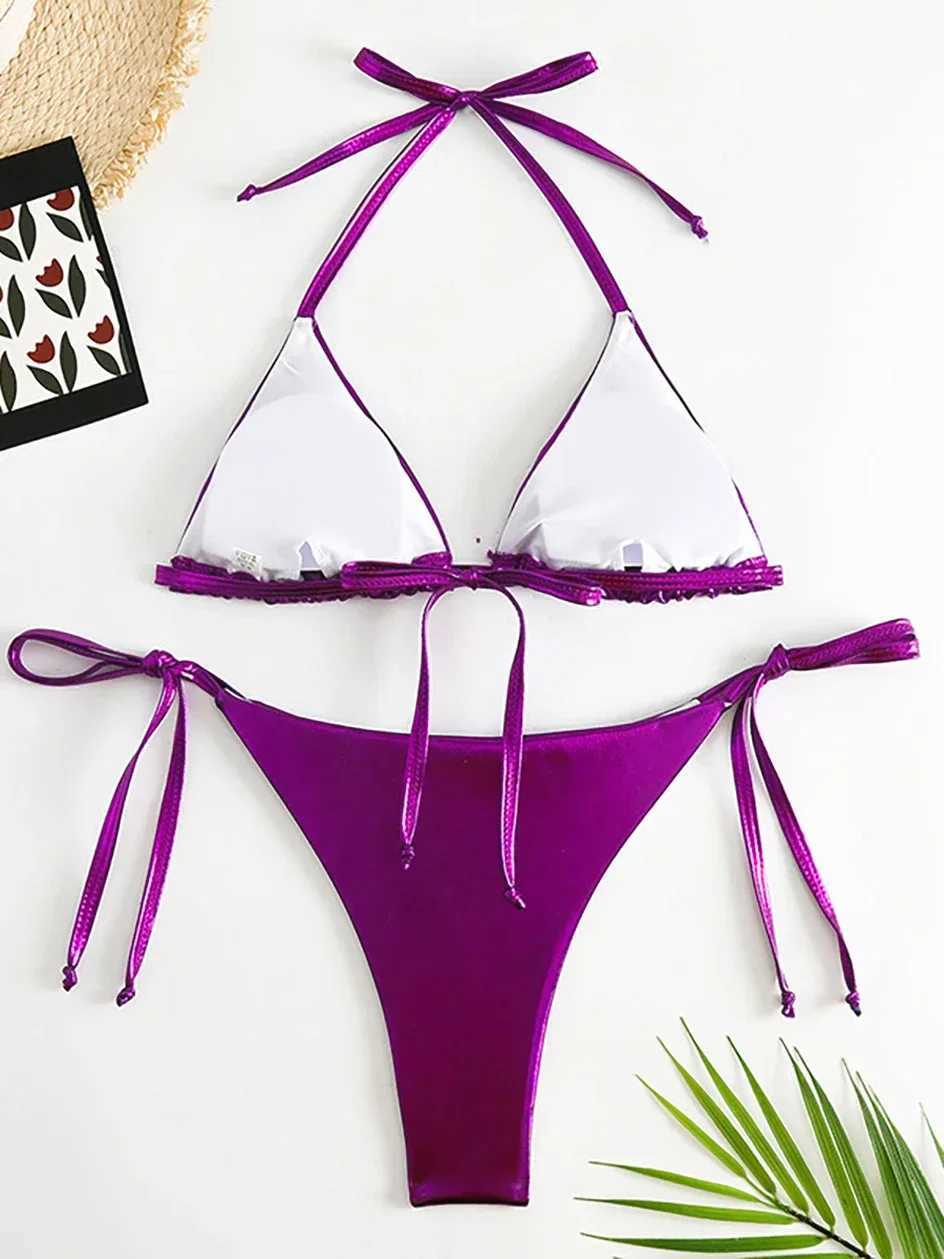 Sexy Metallic Halter Bikinis Sets Lace Up Triang Tie Side Bikini 2024 Swimsuit Women Swimwear Brazilian Fa Bathing SuitsXJ241212