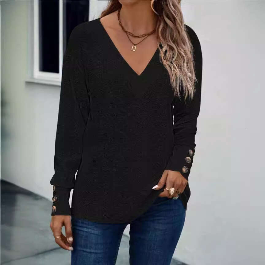 New European American Women's Big V-neck T-shirt for 2024 Spring Autumn, with eyelets, pleats, buttons, and long sleeves