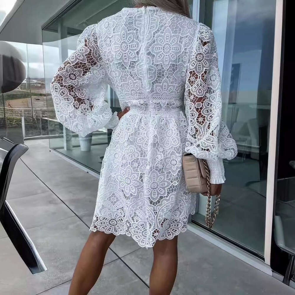European And American Style Commuting V-Neck Sexy Hollow Lace Dress, Fashionable Quality Classic