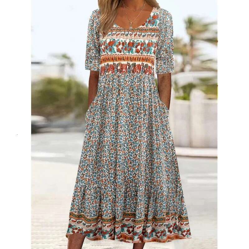 European And American New Women's Casual Round Neck Pullover Short Sleeved Printed Pleated Waist Cinching Long Skirt Dress Fashionable Quality Cl