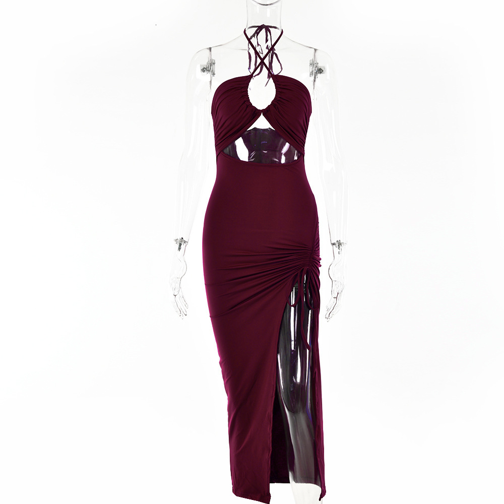 INS Spring New Sexy Spicy Girl High Split Wrinkle Hanging Neck Style Elegant Chest Show Long Dress