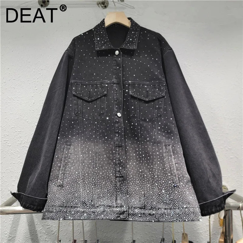 DEAT 2024 trend gradient heavy industrial diamond jacket womens long sleeved loose denim jacket womens 11A0615 241209