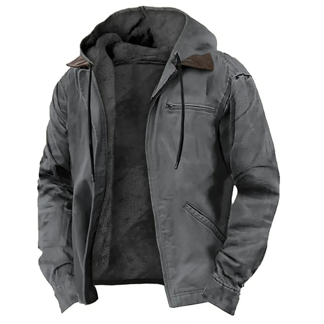 M12126 Men's hooded cotton jacket with multi-color solid print and brown lining