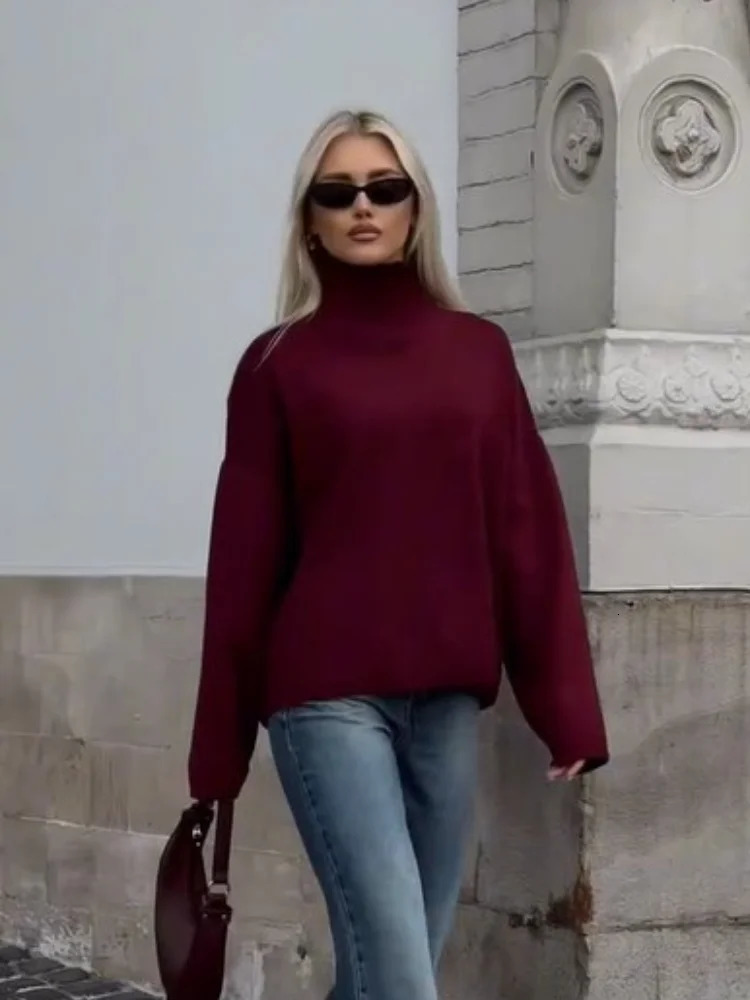 Casual Solid Round Half High Collar Womens Jumper Elegant Long Sleeved Loose Pullover Sweater 2024 Autumn Female Basic Knitwear 241203