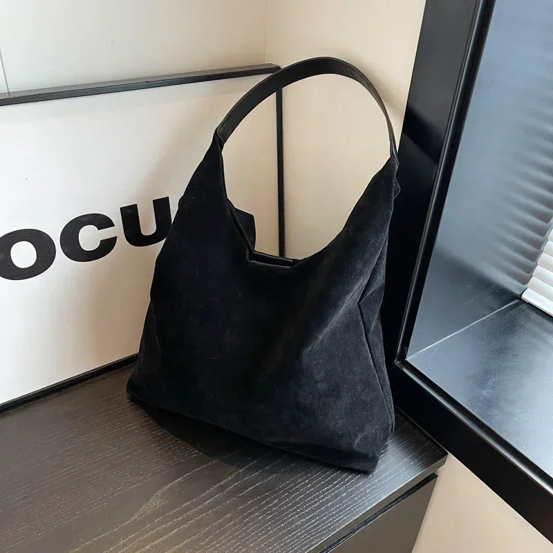 Vintage Womens Bag Large Capacity Suede Shoulder Bag Solid Color Simple Casual Bag 241212