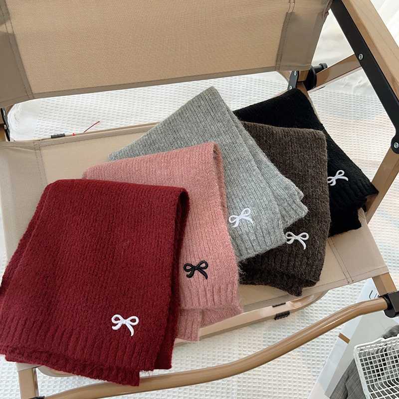 Scarves Wraps Winter Wool Scarf for Kids Thicken Warm Knitted Scarves Solid Color Bow Embroidered Children Boy Girl Neckerchief H241213
