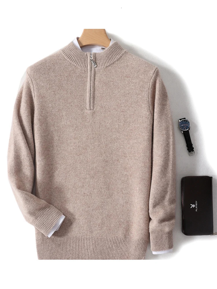 Men Mock Neck Zipper Sweaters 100% Merino Wool Pullover Casual Fashion Clothing Autumn Winter Thick Cashmere Knitwear Tops 241213