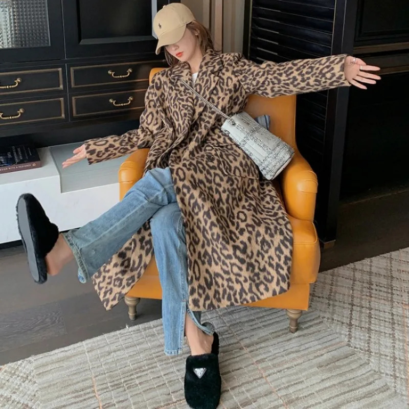 Womens Long Sleeve Woolen Coat Classic Leopard Print Loose Style Female Fashion Outwear Casual Versatile Winter 241213