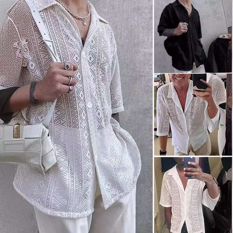 Foreign Trade European And American Summer Men's Clothing New Style Solid Color Sexy Mid Sleeve Mesh Perspective Lace Top Shirt Fashion Quality C