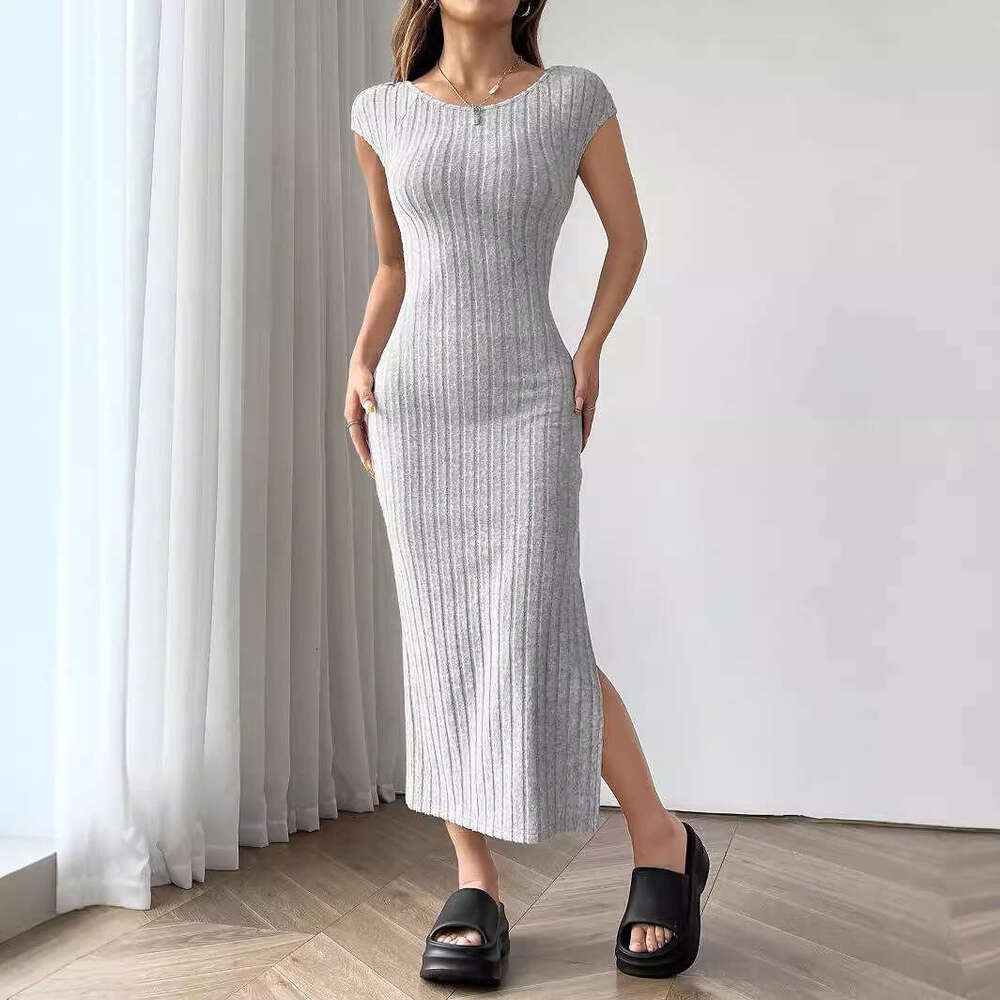 European and American women's clothing 2024 summer new round neck short sleeved backless temperament sexy slit dress