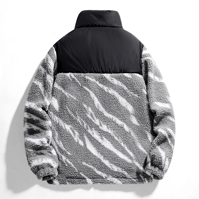Plus Size Mens Padded Clothing Autumn Winter Zebra Print Outdoor Travel Stand Collar Coat Warm Lambs Wool Jacket 4XL 241213