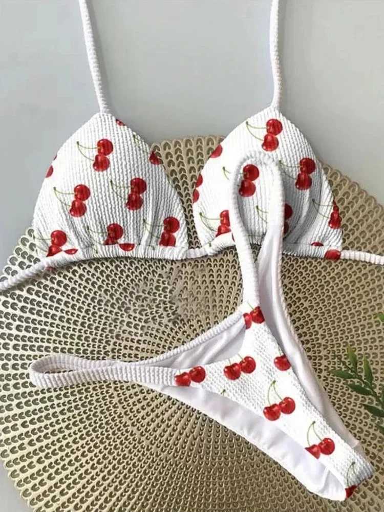 OIINAA Bathing Suit Women Sexy Cherry Printed Swimsuit Lace Up Bikini Set Drawstring Two-piece Summer Fa Thong New BiquinisXJ241212