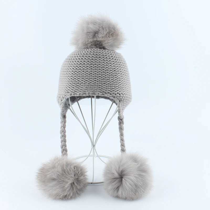 2019 New Autumn Winter Baby Beanie Real Fox Fur Pompom Hat Warm Wool Cap Kids Clothing Accessories Knitted Hat SkulliesXJ241213