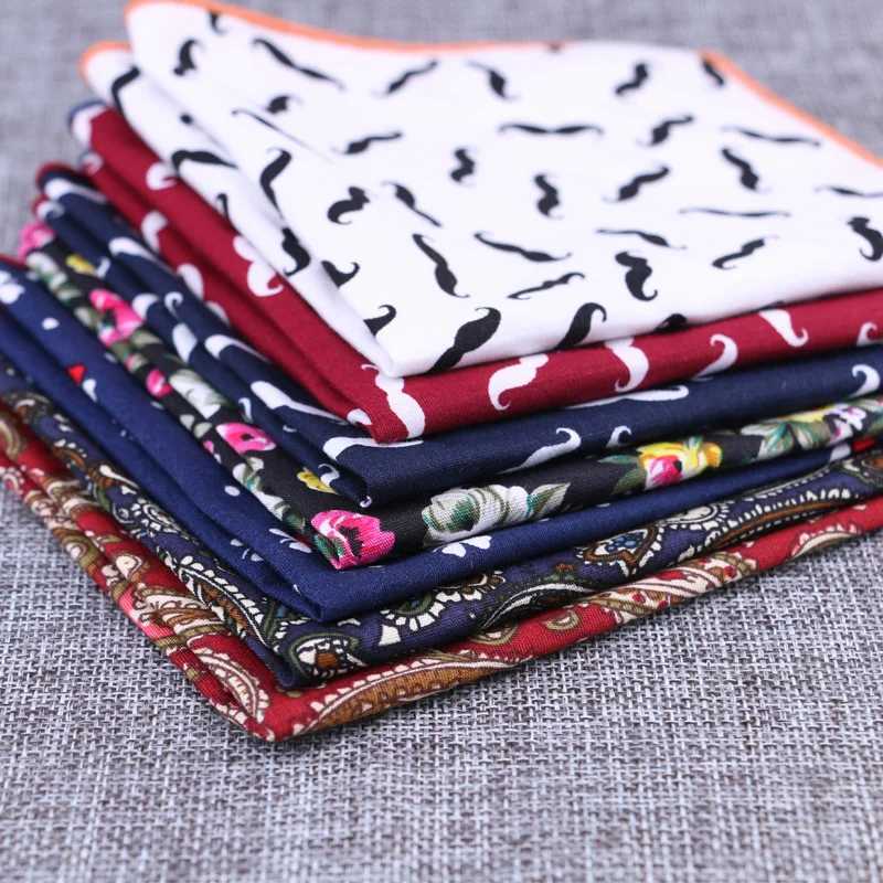 Fashion Cotton Pocket Square Flower Beard Paisley Print Handkerchief White Navy Square Towel Hanky Wedding Chest Tie Accessories W241213