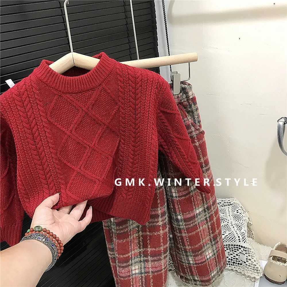 Winter little girl 2PCS clothing set cotton thick Christmas sweater set loose and velvet warm plain straight pants childrens girl set W241213