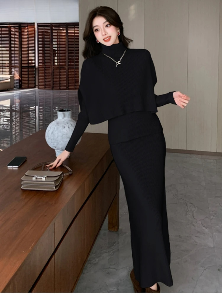 Autumn Winter Women Turtleneck Cloak Tracksuits Fashion Knitted Long Skirts Set Ladies Sweater Suit Vintage 3 Pieces Sets