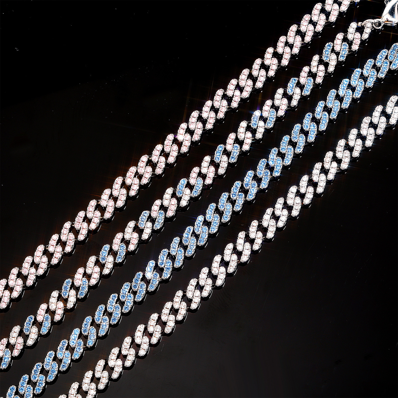 Sparkly Pink Blue 2 Tones Cubic Zirconia Prong Cuban Link Chain Bracelet Punk Hiphop Men And Women Colorful Gemstone Natural Pearl Chains 18k Gold Bij