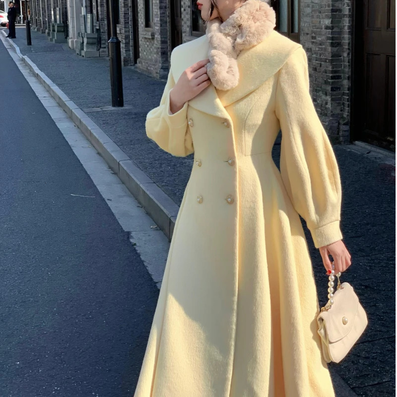 Fall and Winter Korean outerwear pattern French Retro Small fragrant big collar woolen coat lantern sleeves 241213