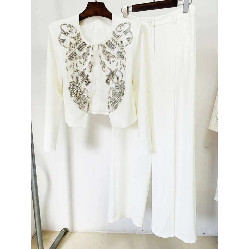 Ladies' Suit HIGH QUALITY Newest Designer Set Women's Dias Rhie Beaded Jacket Wide Leg Pants Suit