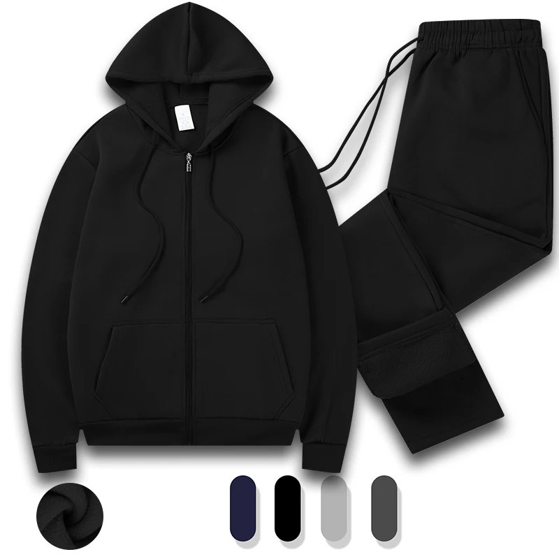 Mens track style sportswear 2piece hooded sweatshirt jogging full zip warm suit 241211