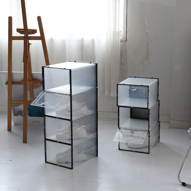 Large double frame plastic transparent shoe box Amazon hot selling folding storage box dustproof and waterproof PP basketball shoe box