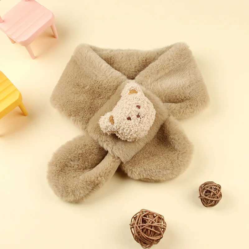 Scarves Wraps Cute Bear Plush Baby Scarf Winter Warm Fluffy Fur Boy Girl Scarves Cartoon Kids Cross Neckerchief Children Shawls H241213