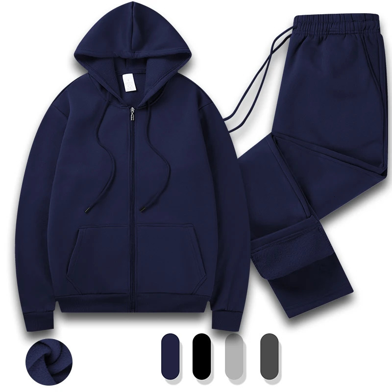 Mens track style sportswear 2piece hooded sweatshirt jogging full zip warm suit 241211