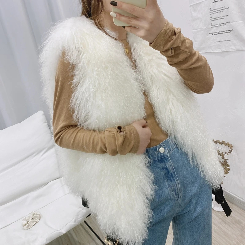 11 color ious thick warm Mongolian sheepskin vest womens winter Vneck sexy wool fur coat 241212