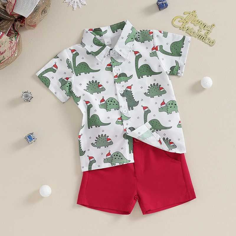 FOCUSNORM Christmas Preschool Baby Boy Clothing Set 0-4Y Dinosaur Printed Short Sleeve Single Chest Shirt W241213