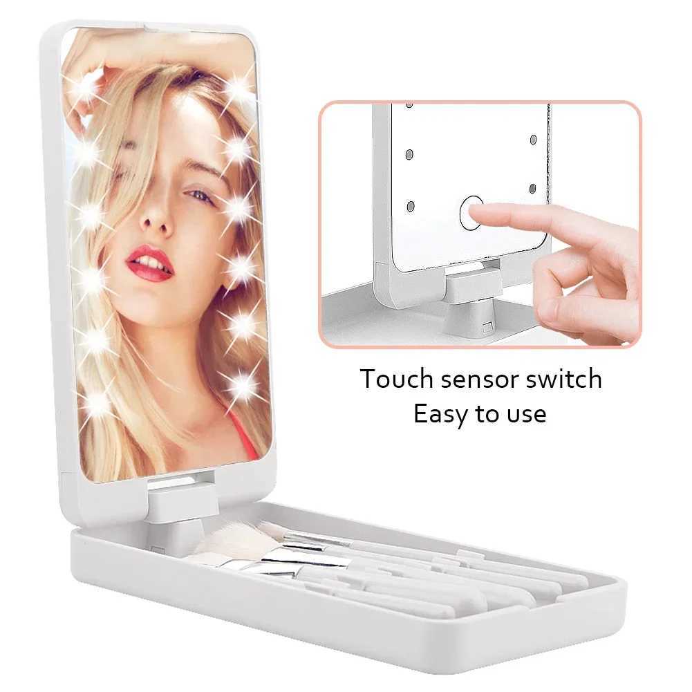 LED Makeup Mirror 5 Cosmetic Brushes Storage Box Compact 360 Foldable Cosmetic Mirror Practical Convenient Carry Vanity MirrorXJ241213