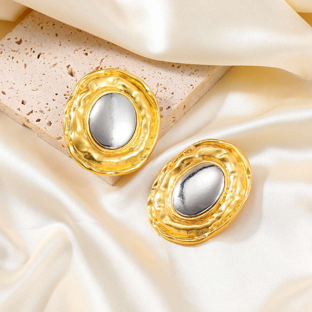 Summer New Alloy Exaggerated Women's Round Metallic Gold Sier Color blocked Earrings