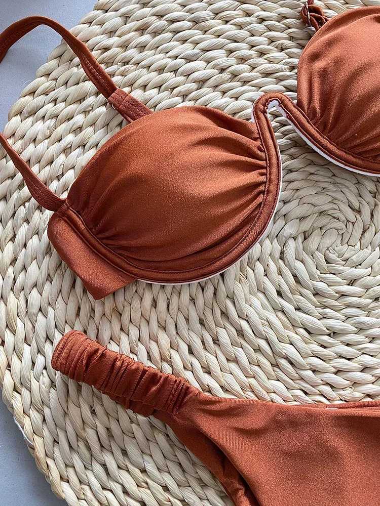 OIINAA Swimwear Women Sexy Soild Color Swimsuit Pated Bikini Suit Lace Up Bow Tie Biquini Summer Thong Two-pieces Bathing SuitXJ241212