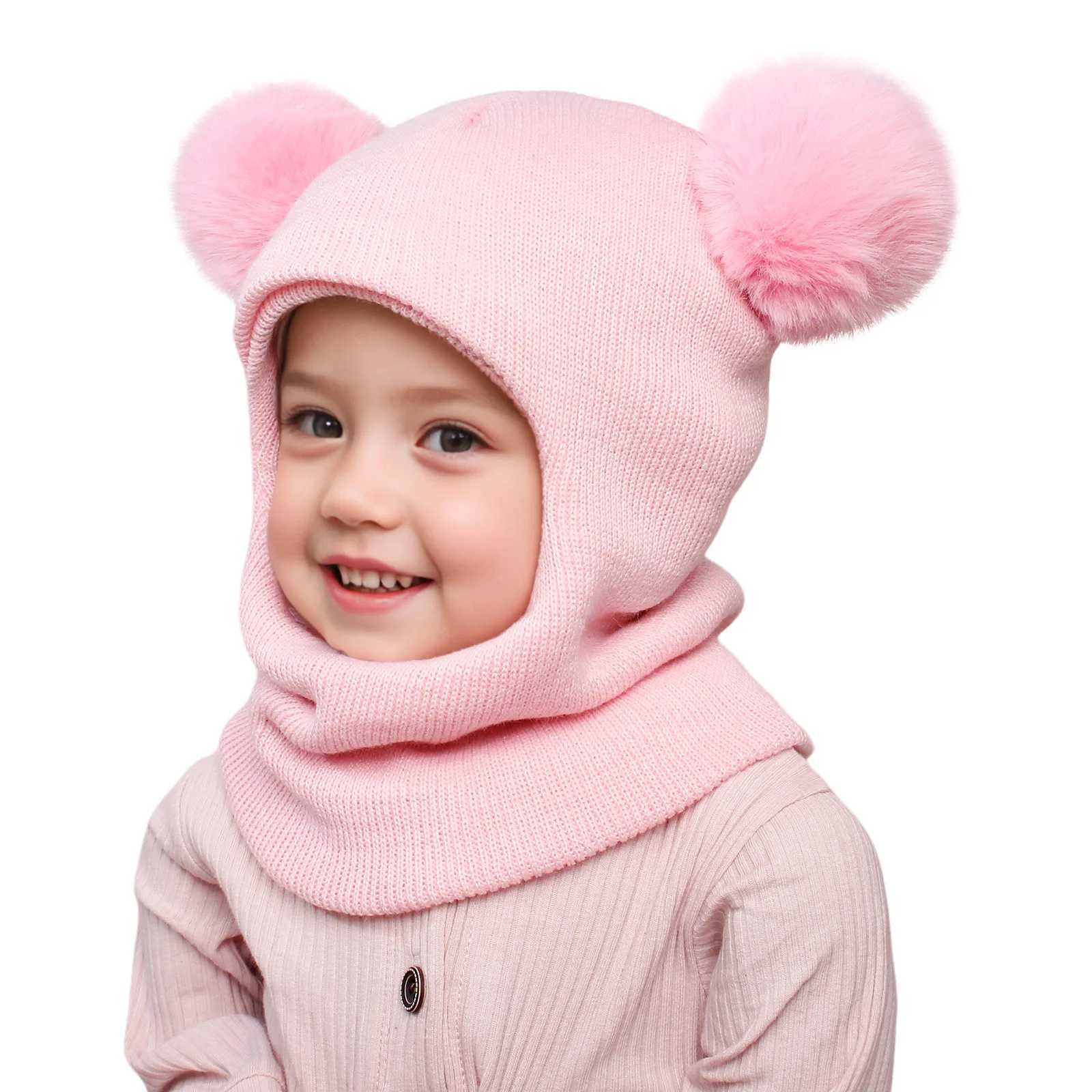 Autumn Winter Balaclava Hats For Children Double Balls Ear Protection One-piece Hat Scarf Cute Pompom Ball Boys Girls Wool CapXJ241213