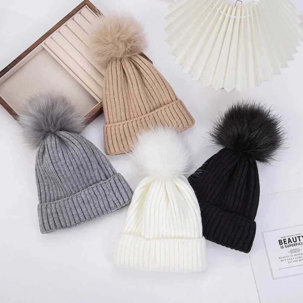 0-14Y Baby Bobble Hat Children Knitted Ski Beanie Girl Boy Winter Warm Hat Artificial Pompom Bonnet Kids Skullcap Newborn HatXJ241213