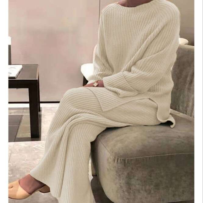 European And American Women's Long Sleeved Solid Color Casual Two-Piece Set Knitted Sweater Fashionable Quality Classic