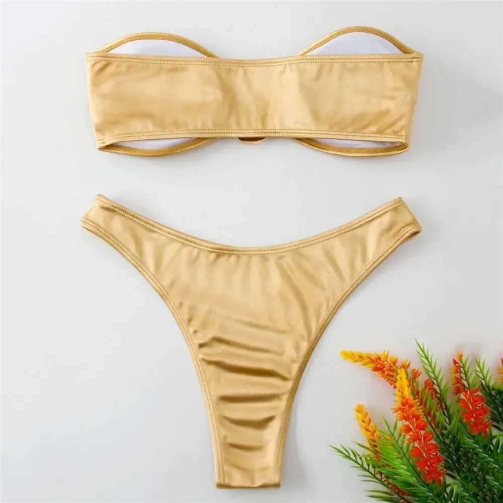 Sexy U Shaped Bandeau Bikinis Set Mujer Strapss Swimwear Women Gold Swimsuit Bathing Suit Biquinis Brazilian Bikini Swim 2024XJ241212