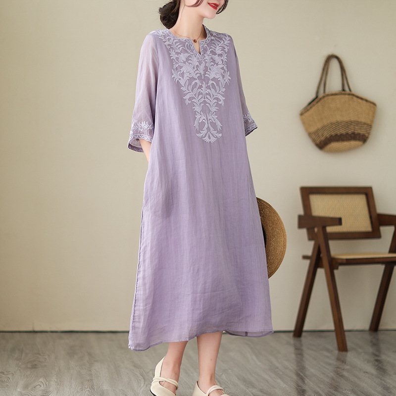 G826 Real shot linen embroidered dress summer loose large size short-sleeved cotton and linen bottoming skirt women's mid-length