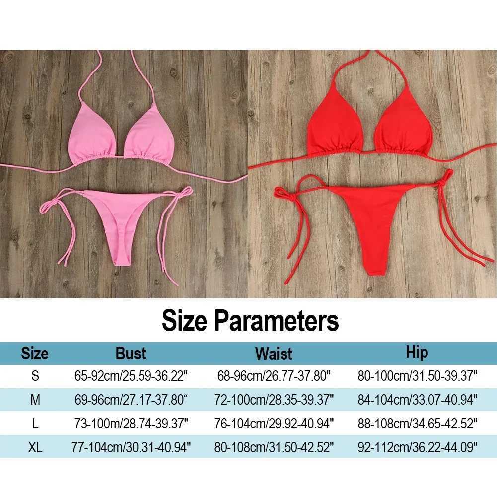 Solid Color Hanging Neck Sty Lace-Up Bikini Womens Sexy Adjustab Triang Beach Swimsuit No Steel Bracket No Chest PadXJ241212