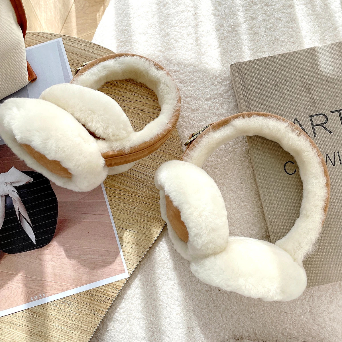 Natural wool earmuffs warm winter sheepskin earmuffs women soft warm solid earmuffs outdoor cold protection earmuffs 241211