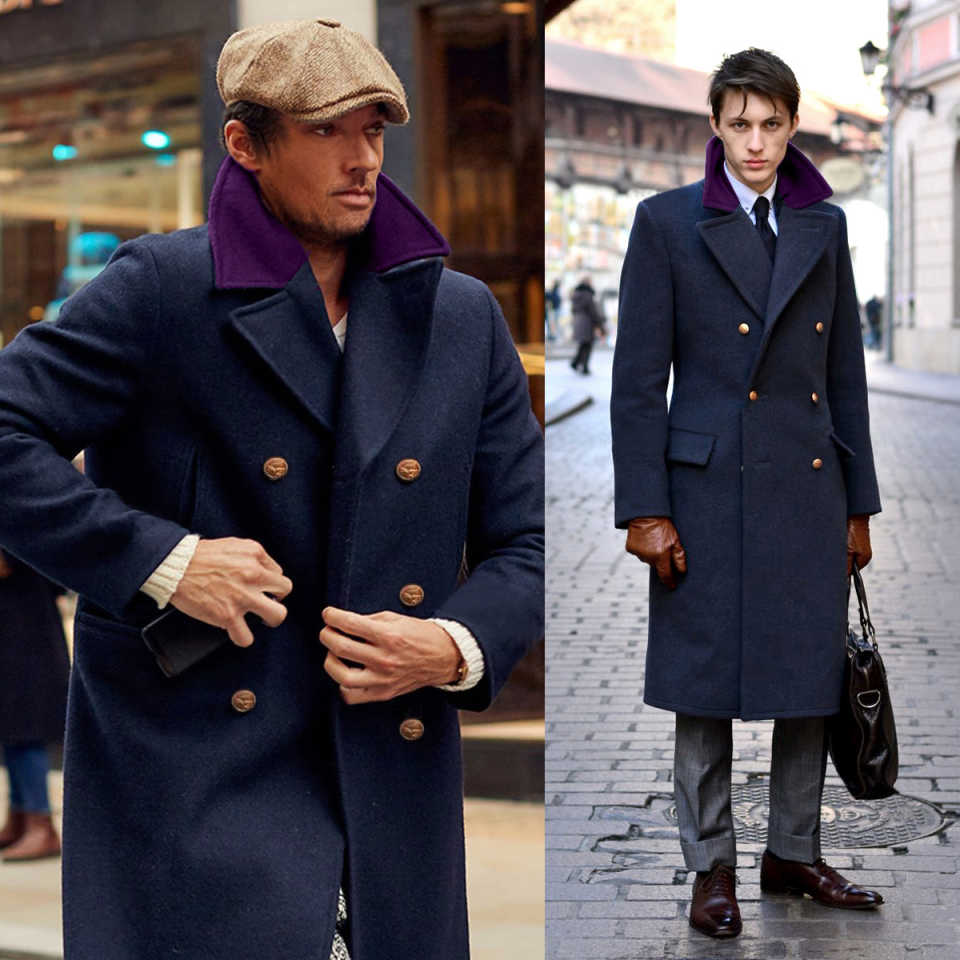 Customized Men Long Overcoat Navy Blue Wool Blend Fashion Vintage Coat Classic Fit Jacket One Piece